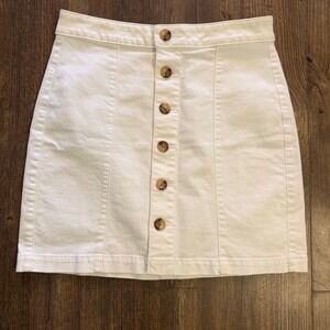 LOFT Button Front Skirt Womens 6 White Denim Stretch Mini Back Welt Pockets